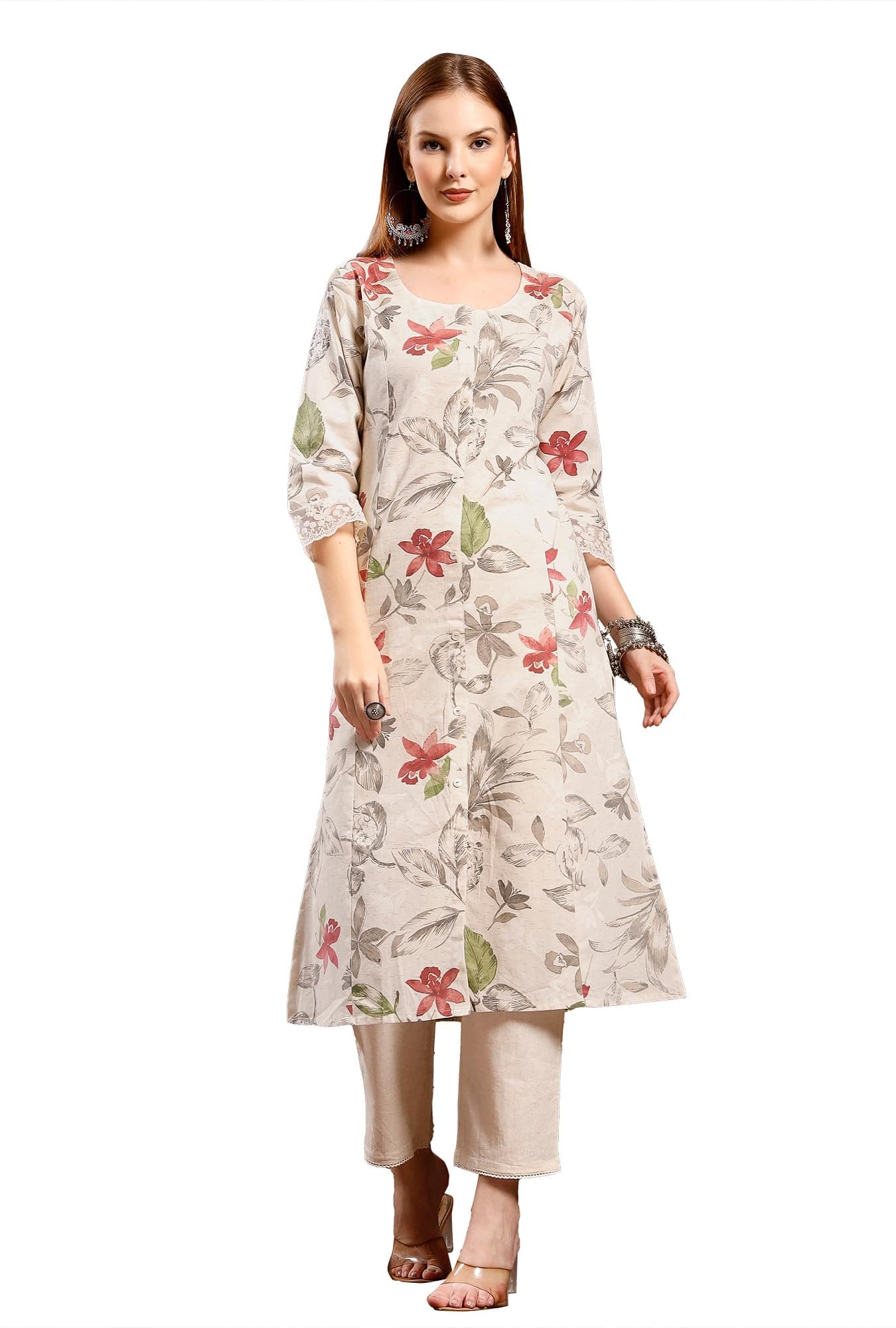 Pistaa's Women's Airy Linen Cotton Floral Print A-Line Kurta
