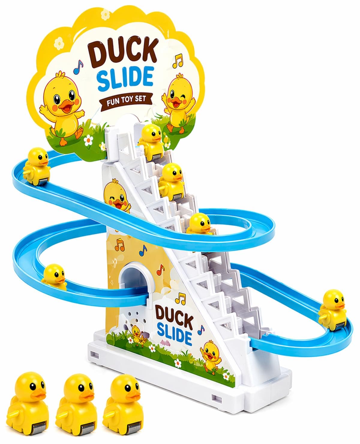Goyal's Duck Slide Toy for Kids with Music & Lights, Automatic Climbing Duck Track Set, Battery Operated Stair Climbing Toy with 3 Ducks