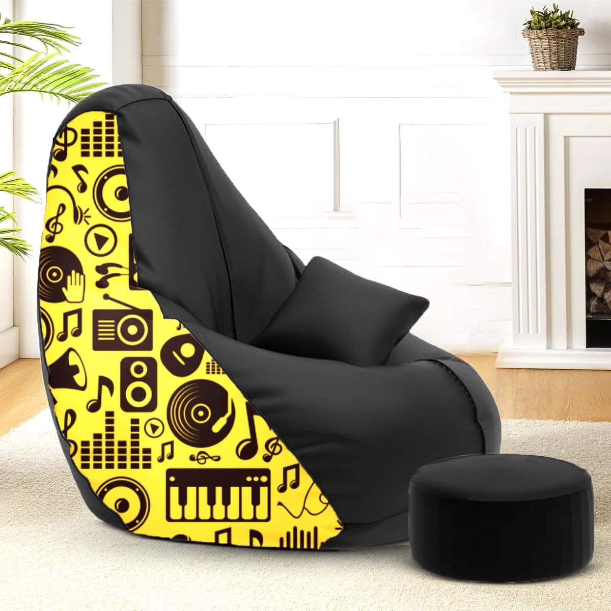 Amazon Brand - Solimo Premium Faux Leather Bean Bag Combo with Footrest & Cushion, Filled with Beans | Capacity: Upto 6 Ft 3 in Height, 120 KG Weight | 3XL | Music | Black