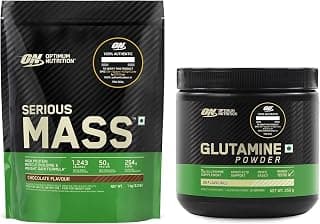OPTIMUM NUTRITION (ON) Serious Mass Gainer powder(Veg) - Pack of 1 kg (Chocolate) with Vitamins & Minerals & Optimum Nutrition L-Glutamine Powder, Pack of 250 Gram, 50 Serves