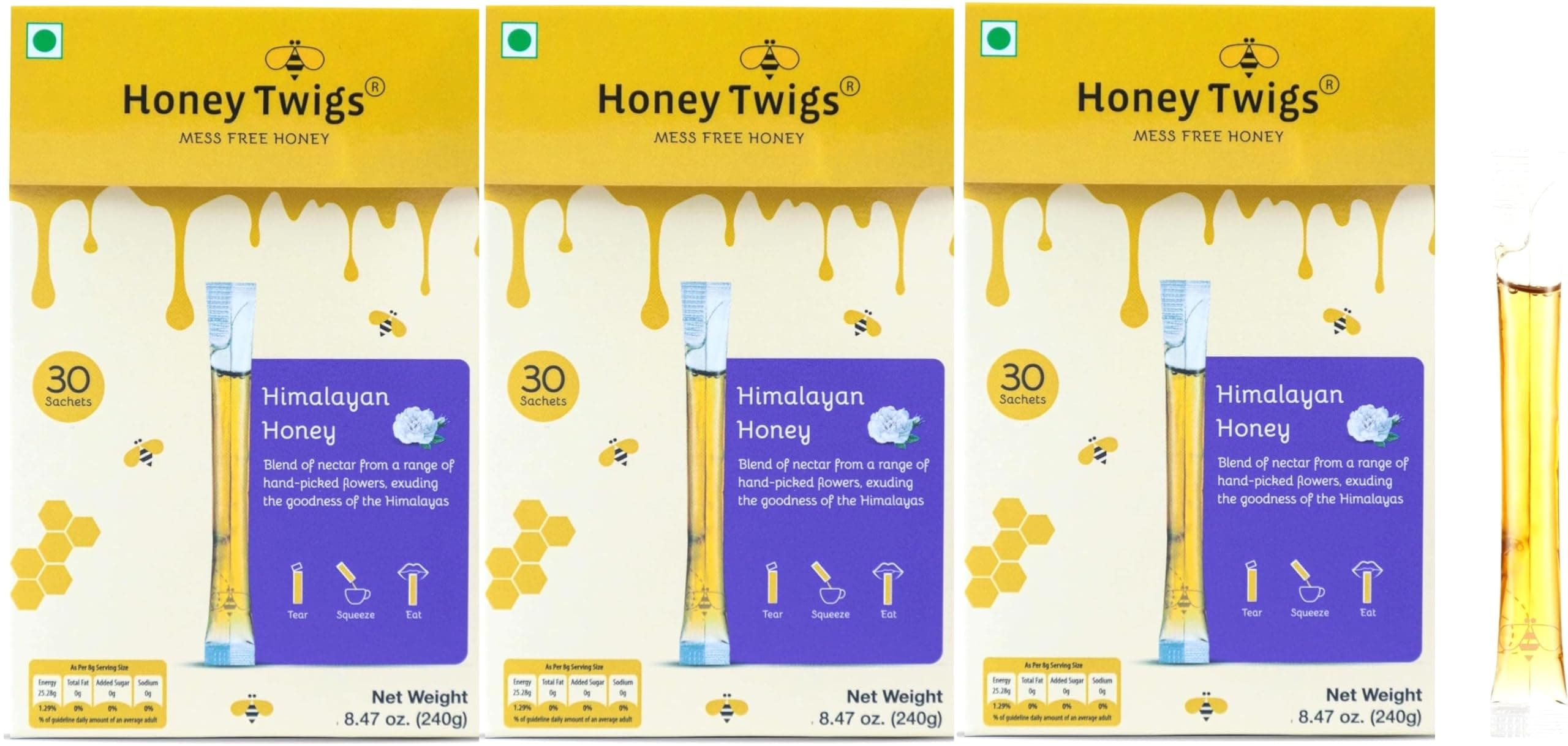 Honey Twigs Himalayan Multiflora Honey, 720gms (90 Single Sachets) | Grade A Himalayan Honey - Traceable Source | Zero Additives | Zero Added Sugar | Immunity Booster