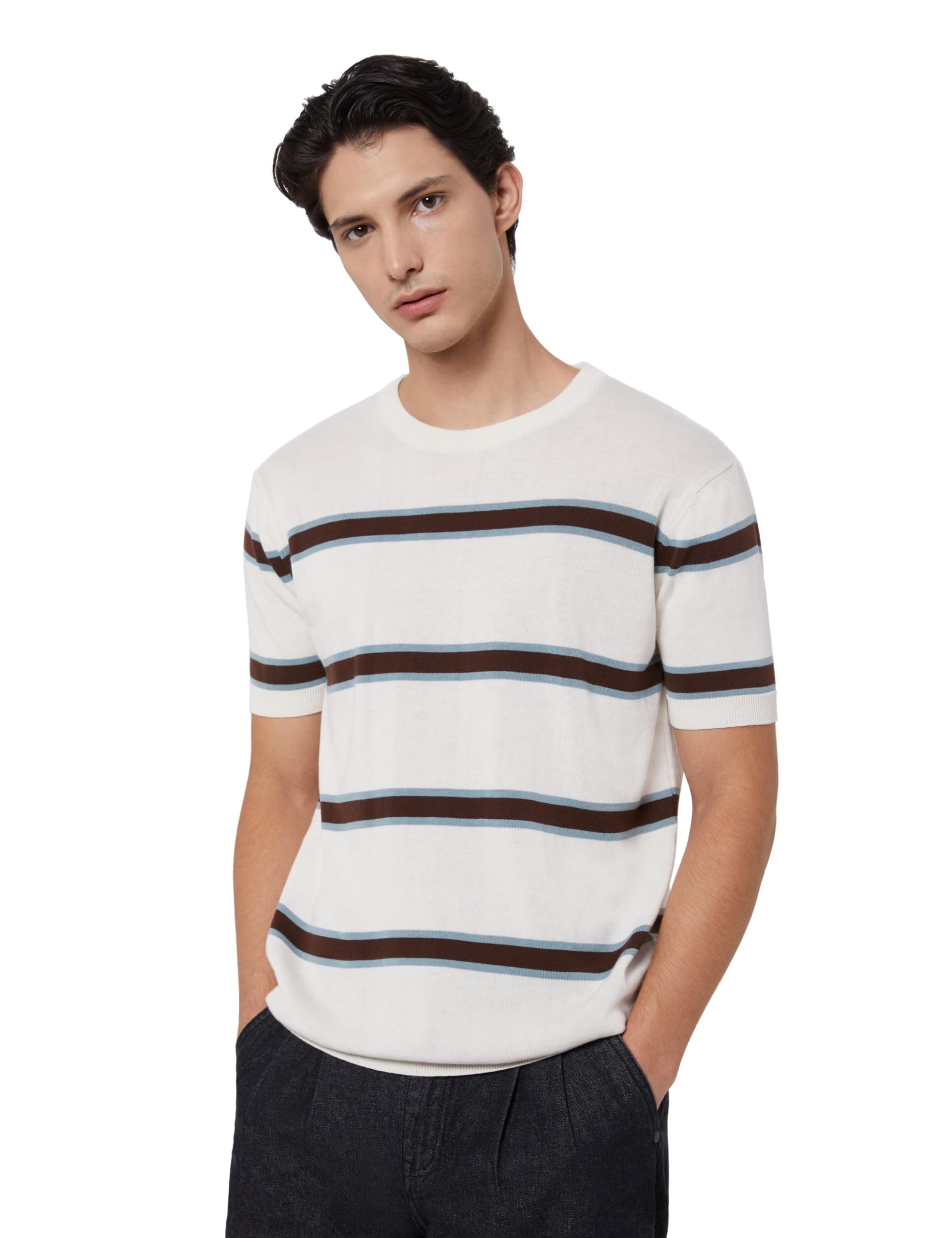 Amazon Brand - Symbol Men's 100% Cotton Striped T-Shirts | Flat Knit Texture | Round Neck | Half Sleeve | Available in Plus Sizes