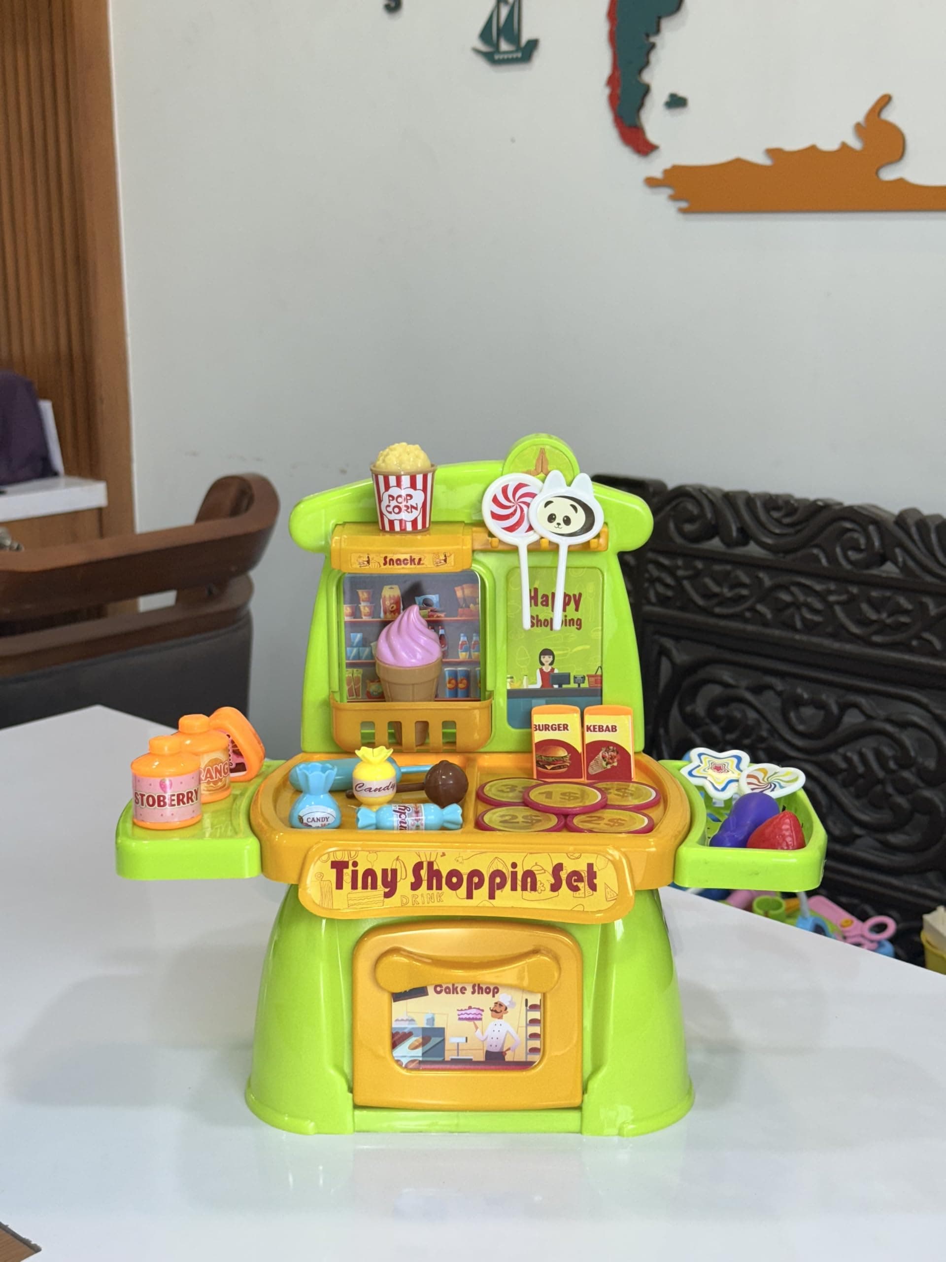 WISDOM LEO FUN Shopping Play Set for Kids, Green, Plastic, with Shopping Basket and Pretend Grocery Accessories, 30*33.5*15 cm