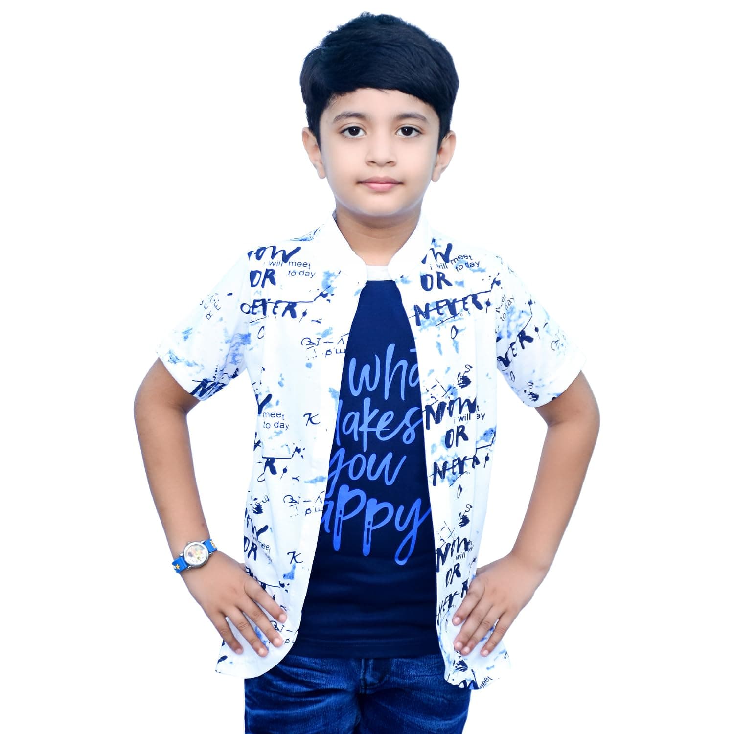 Jam & Sugar Boys Cotton Printed T-Shirt with Attached Shrug Jacket - Full Sleeves
