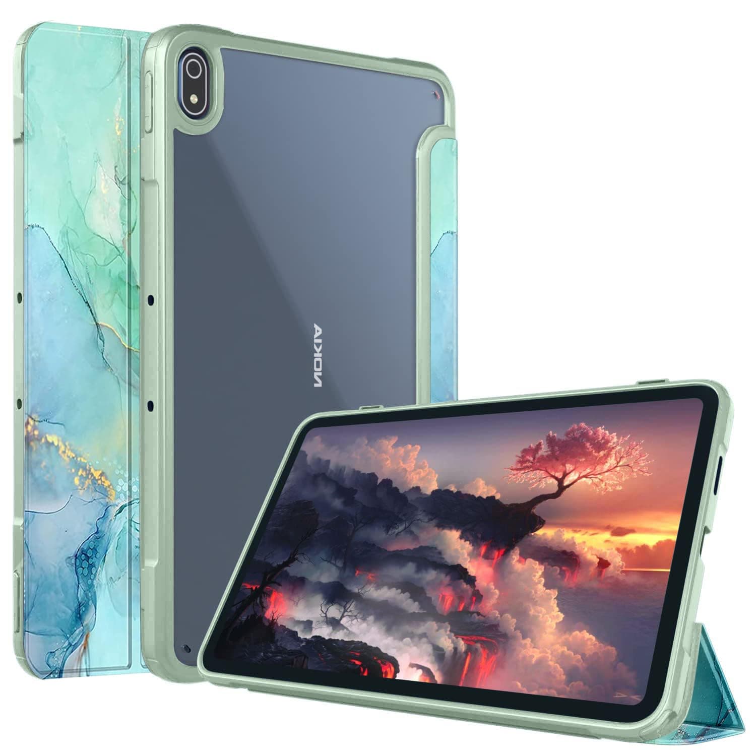 SwooK Slim Hybrid Case Shockproof Cover for Nokia T20 Tablet 10.36 Inch 2021 with Transparent Clear Back Shell. (Nokia T20, Emerald Marble)