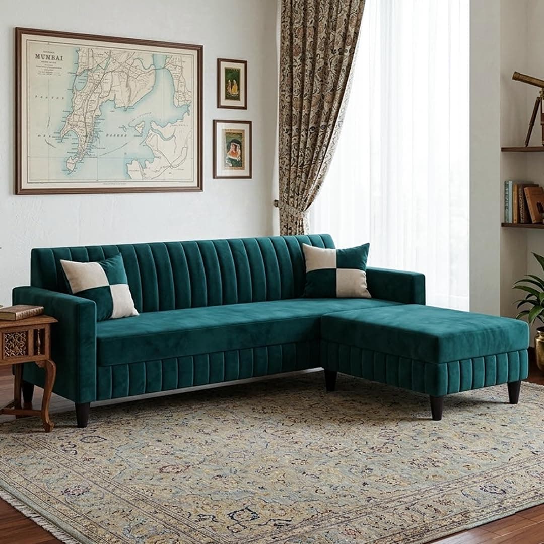 FURNY Avvon 5 Seater L Shape Sofa Set with Movable Ottoman | Flexible Left or Right Layout | Plush Velvet Fabric (Greenish Teal) | Perfect for Living Room, Offices