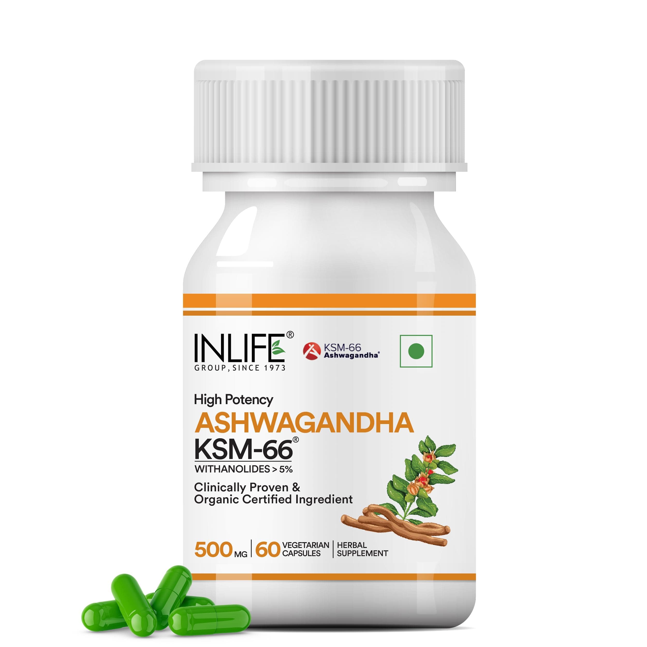 INLIFE KSM-66 Ashwagandha 500 mg Supplement | Standardized 5% Withanolides | Stress, Sleep & Energy Support | AYUSH & GMP Certified | 60 Veg Capsules (Pack of 1)