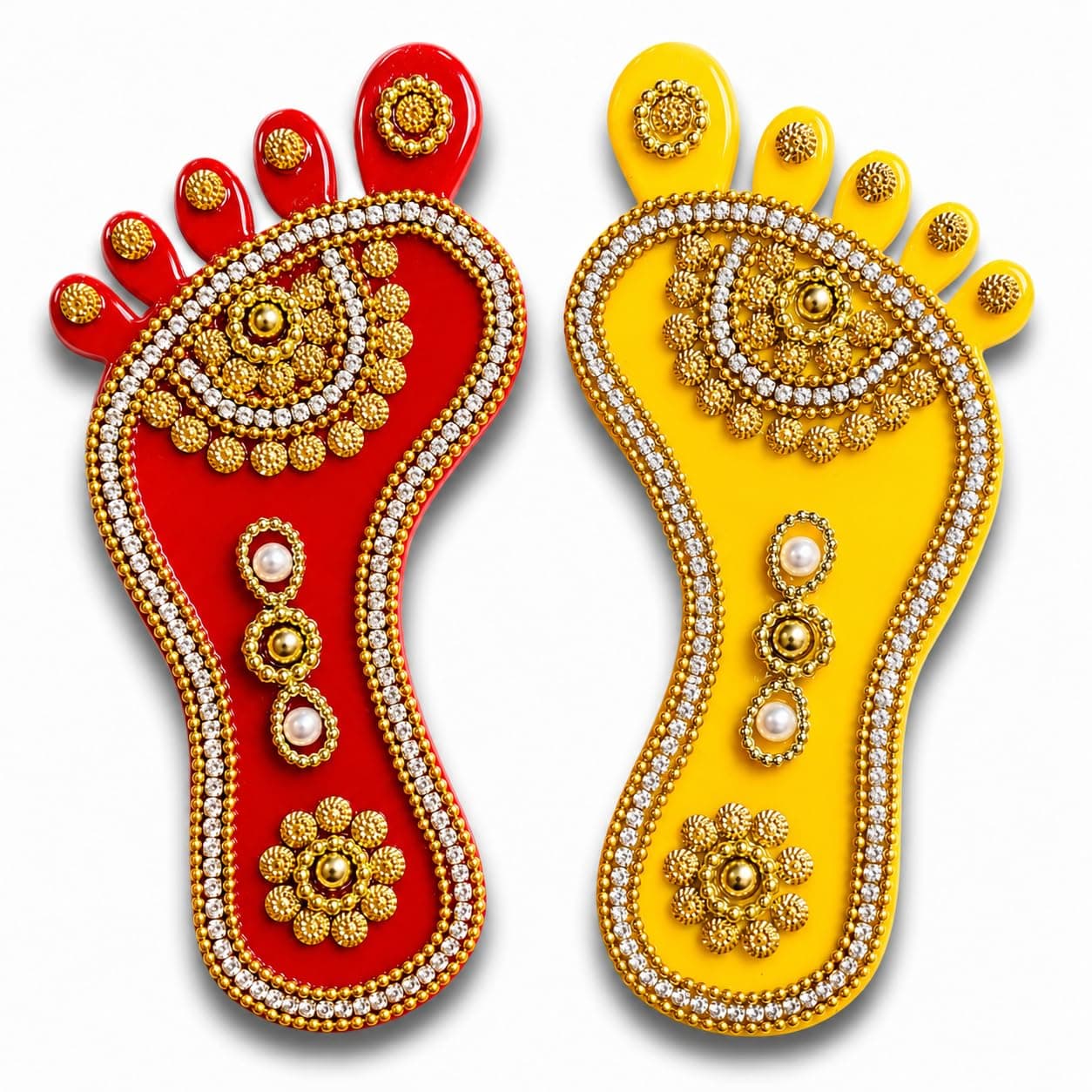 Premium Heavy Kundan Work Designer Laxmi Charan Paduka Sticker – Traditional Pooja Footprint for Home Entrance, Temple & Festive Decor (5inch CHARAN)