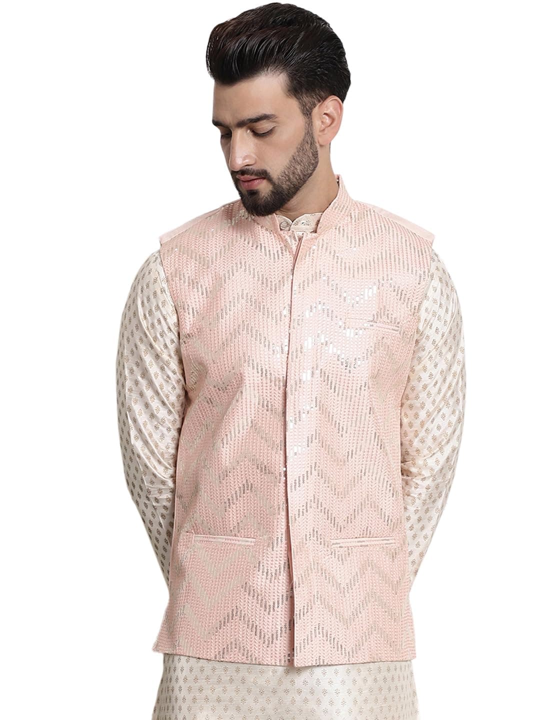 SOJANYA (Since 1958 Men's Silk Blend, Gold Sequence Embroidered Nehru Jacket