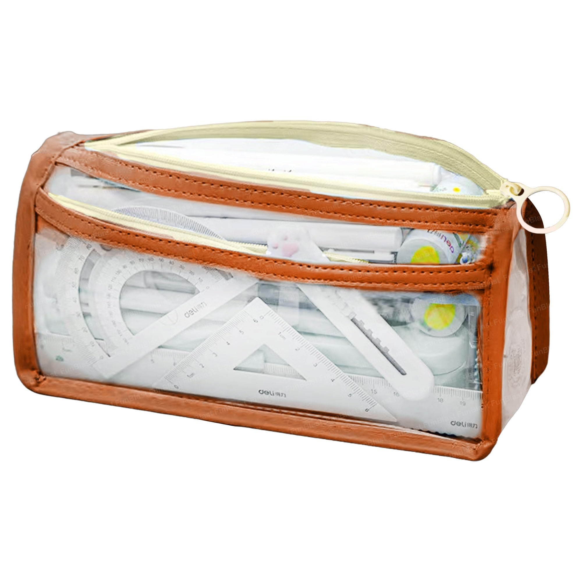 FunBlast Large Capacity Pencil Bag, Transparent Pencil Pouch with Zipper Closure Portable Makeup Pouch, Aesthetic Pouch, Cute Stationery Bag for Students Girls Adults Office (Tan)