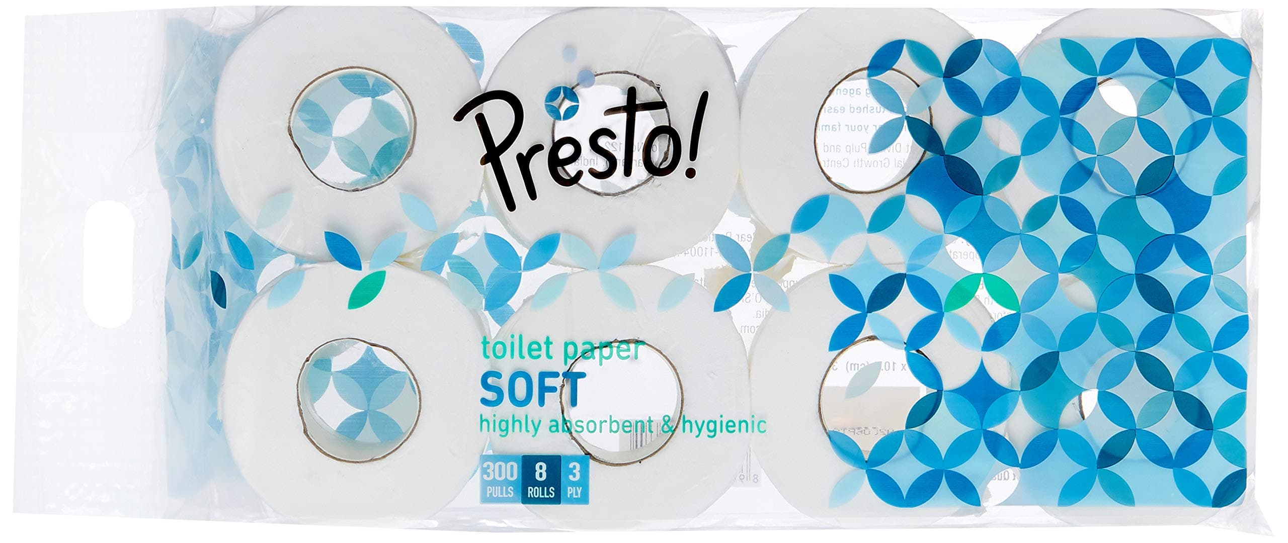 Amazon Brand - Presto! 3 Ply Toilet Paper Roll | 2400 Pulls | 300 Pulls x 8 Rolls | Soft and Highly Absorbent | OBA-Free | Smooth Feel | 100% Natural Virgin Cellulose Fiber