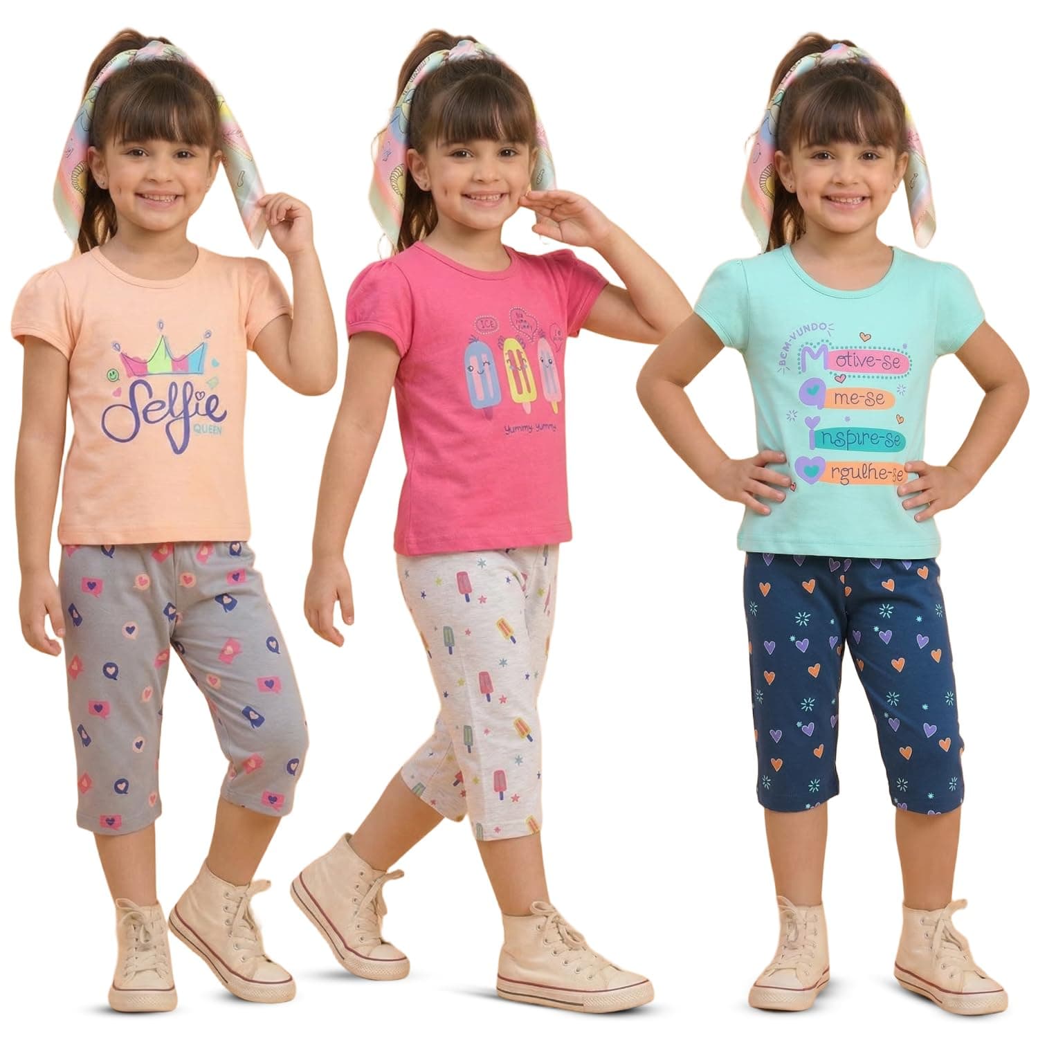 MI Kidz Pure Cotton Top & Capri Set for Girls Kids | Girls Summer Clothing Set | Coordinated Outfit | Kids Girls Dress | Casual and Regular fit Tshirt and Pants for Baby girls | 3 Combo Clothing Set