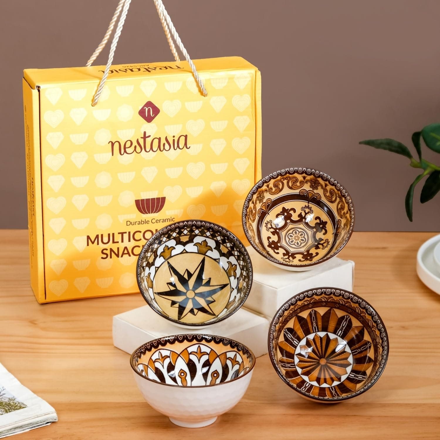 Nestasia Ceramic Bowl for Snacks (300ml) - Dishwasher & Microwave Safe Bowl Set of 4, Multipurpose Serving Bowls Set for Rice, Dal, Fruits, Salad | Brown Vintage Gift Bowl Set with Box for Daily Use