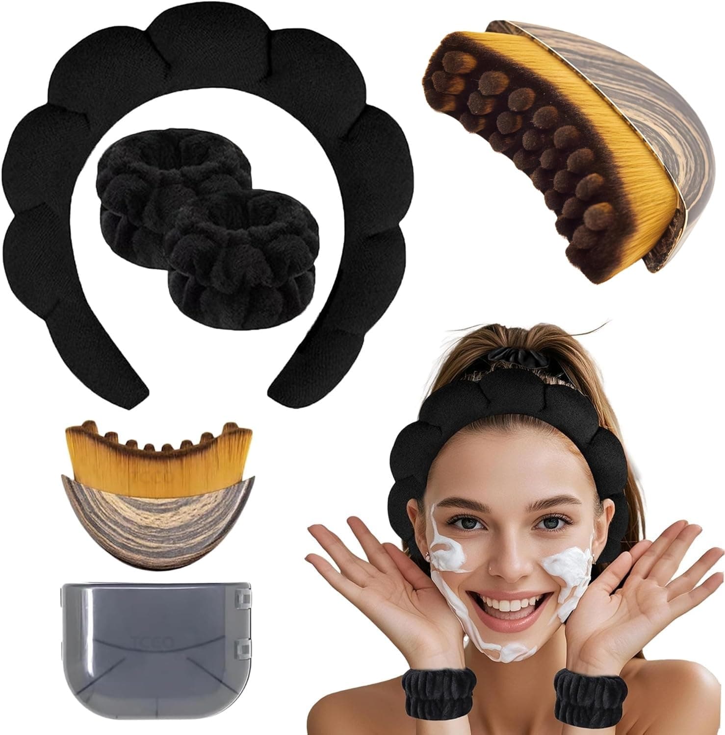 Lymphatic Contour Face Brush & Spa Headband Combo for Women | Jawline, Chin & Neck Sculpting | Face Wash Headband with Wrist Bands | Reduces Puffiness, Lifting & Glow | Skincare Tool with Travel Case