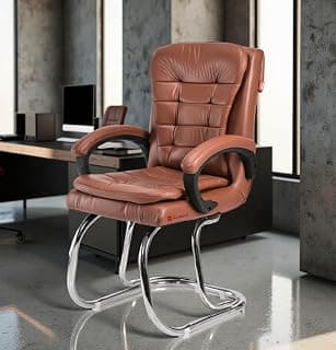 GOYALSON Leatherette Double Cushion Office Guest Chair Sleek, Comfortable Seating for Visitors in Lobby, Reception (1, Brown, Double Pipe Chrome Steel Frame)