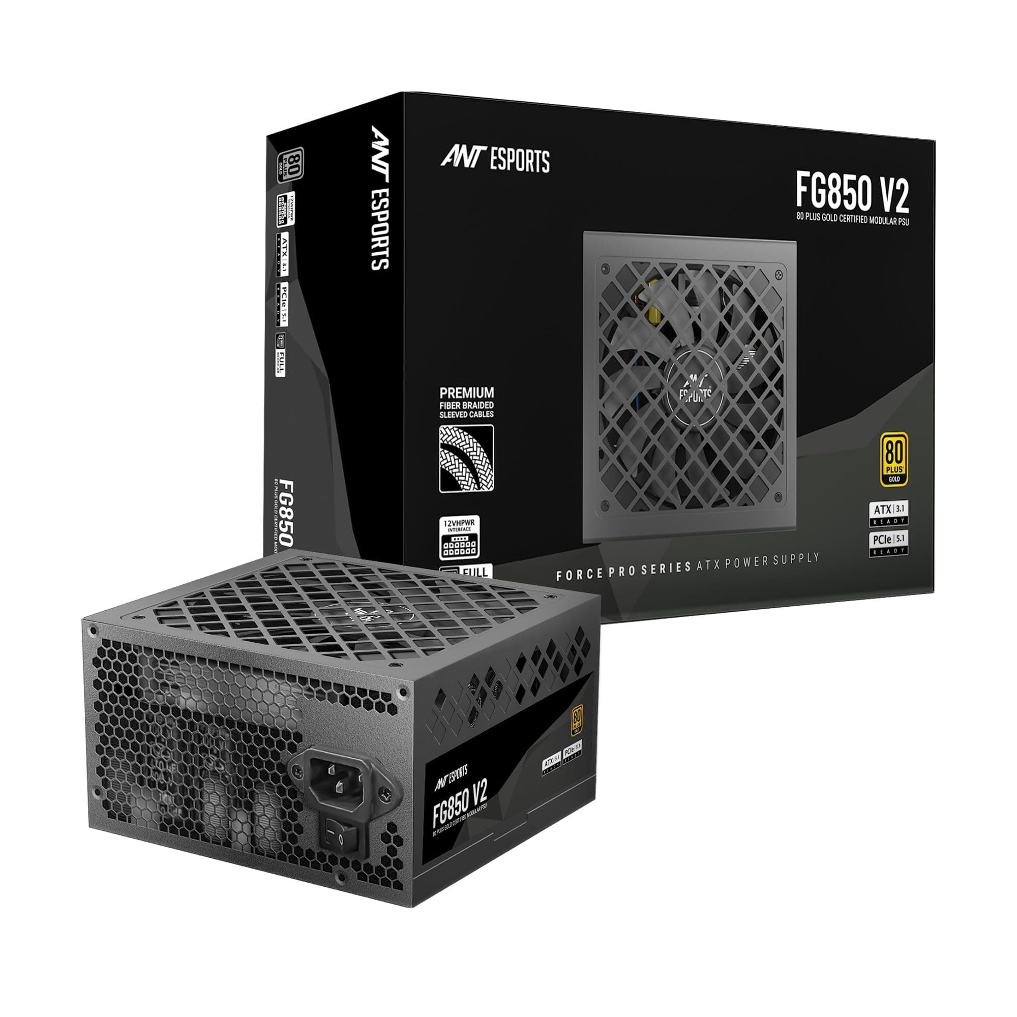 Ant Esports FG850 V2 Power Supply Unit — 850W, 80 Plus Gold Certified, ATX 3.1 & PCIe 5.1 Ready, Fully Modular, Braided Nylon Cables, 12V-2x6 Connector, RTX 50 & RX 9000 Series Compatible, Gaming PSU