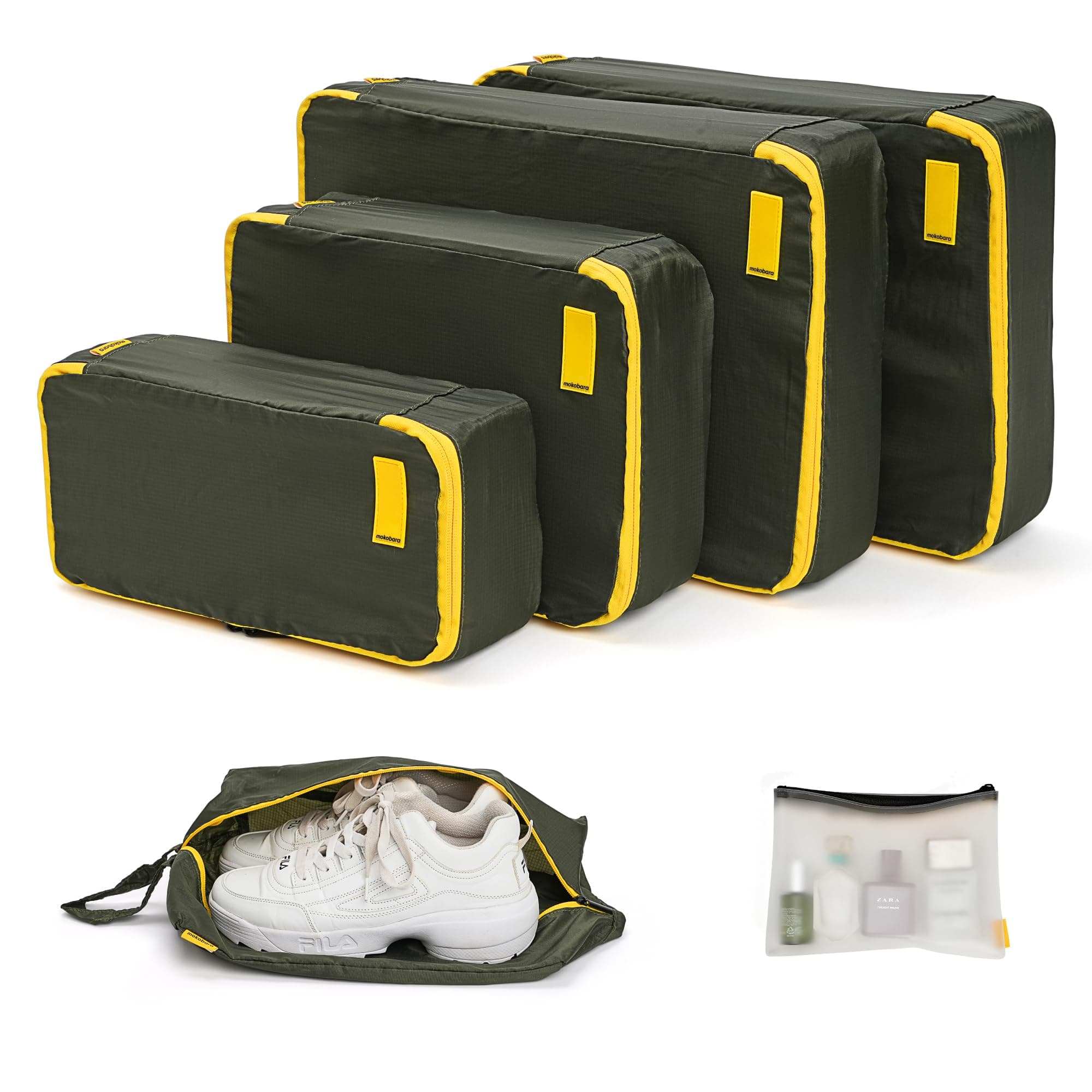 Mokobara The Packing Cube Nylon Fabric Water Resistant Travel Organizer Wardrobe Organizer Set of Packing Bag (XL,Large, Medium, Shoe bag, Toiletry Bag) (Set of 6, Homegrown Sunray) Green