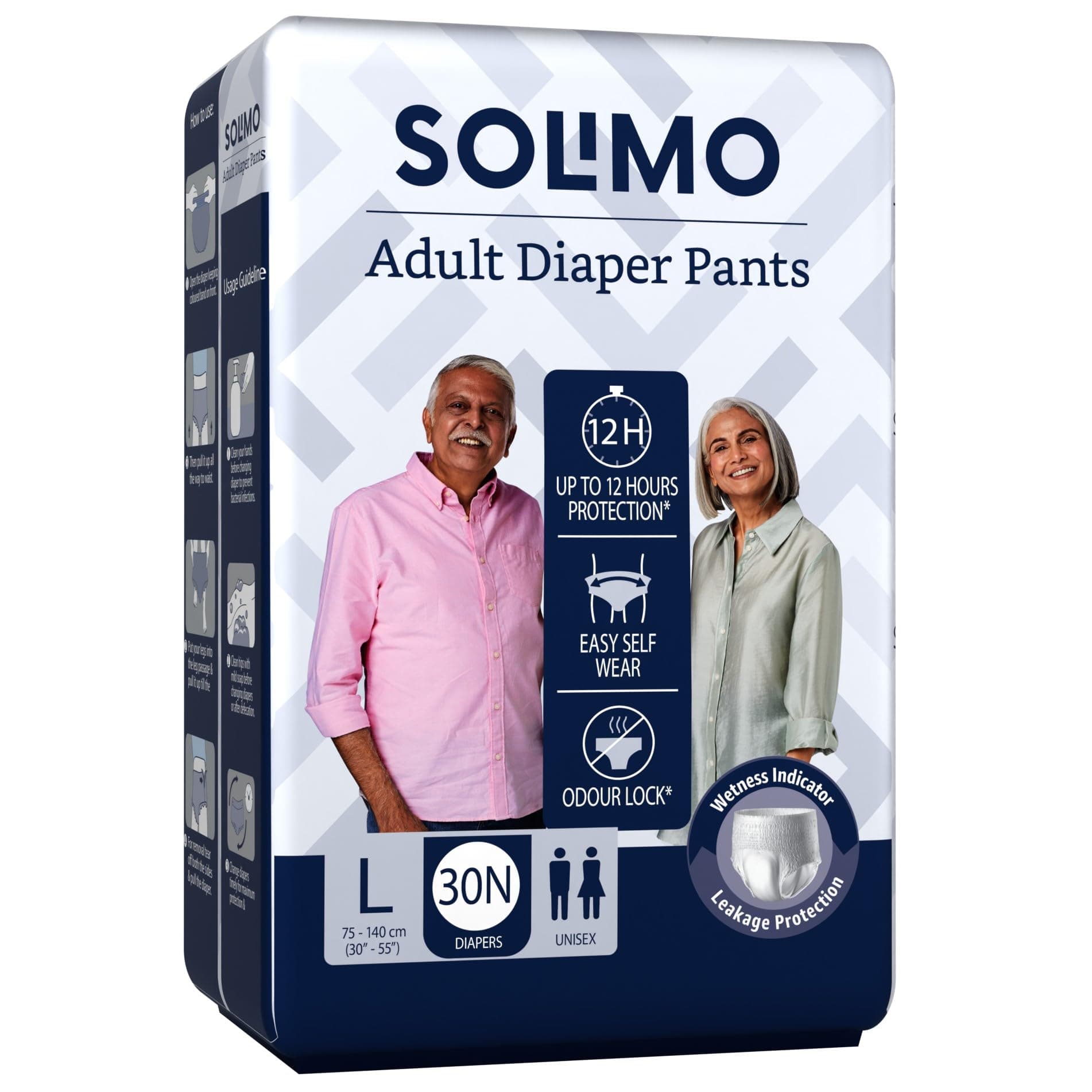 Amazon Brand - Solimo Adult Diapers, Pant Style | Pack of 30 | Large Size | Waist 30-55 in (75-140 cm) | Unisex | Quick Absorption | Leak Proof Upto 12 Hours | Wetness Indicator | For Men & Women