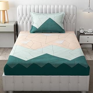 FRESH FROM LOOM Single Size Microfiber Bedsheet Set - Printed, Hypoallergenic, Wrinkle Free with 1 Pillow Covers (60x90 Inches | Beige Green) 144 TC