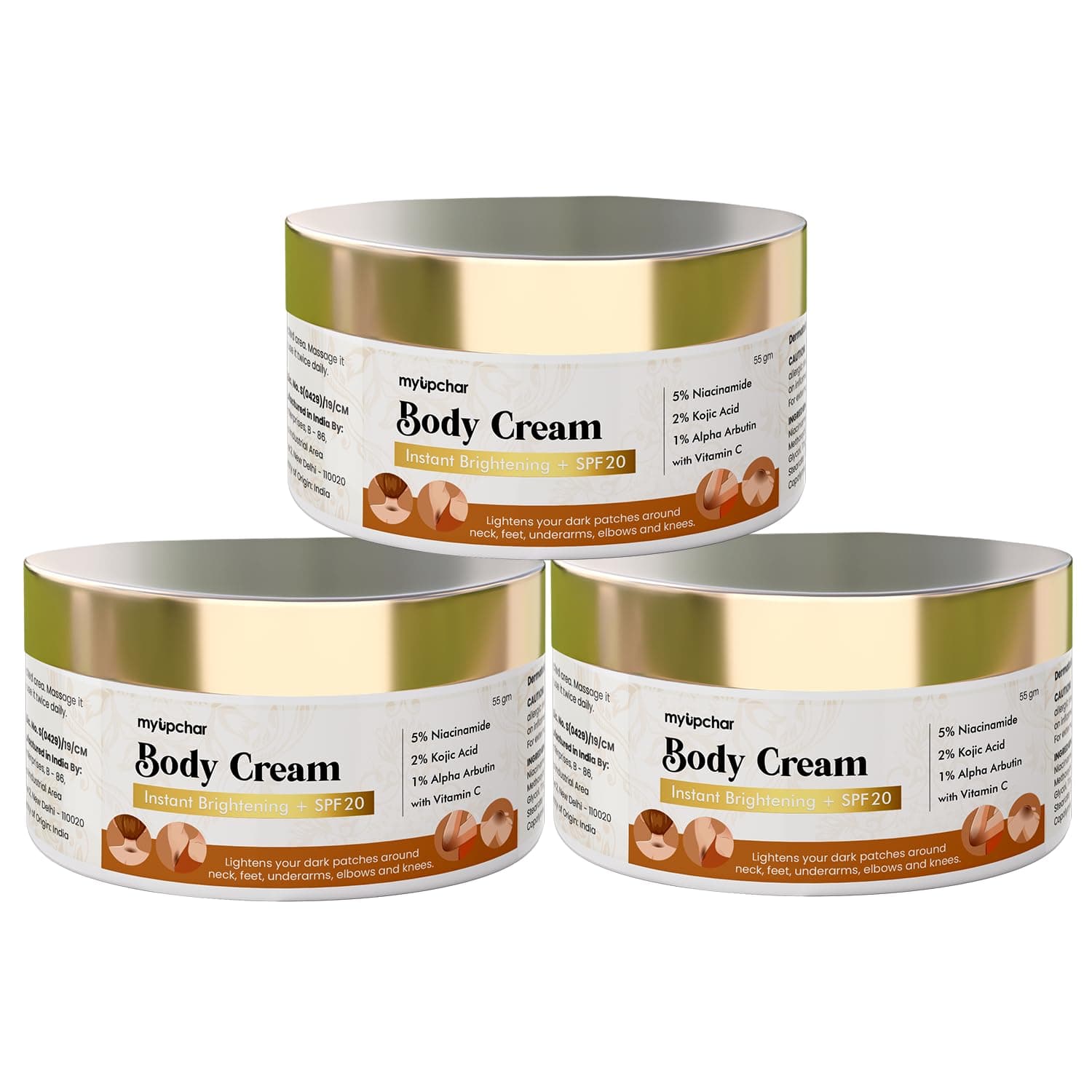 myUpchar 2% Kojic Acid , 1% Alpha Arbutin with Vitamin C & 5% Niacinamide | Brightening & Skin Tone Correcting Body Cream | Dark Spot Removal for Elbows, Neck, Underarms, Knees | Pack of 3 | 55gm