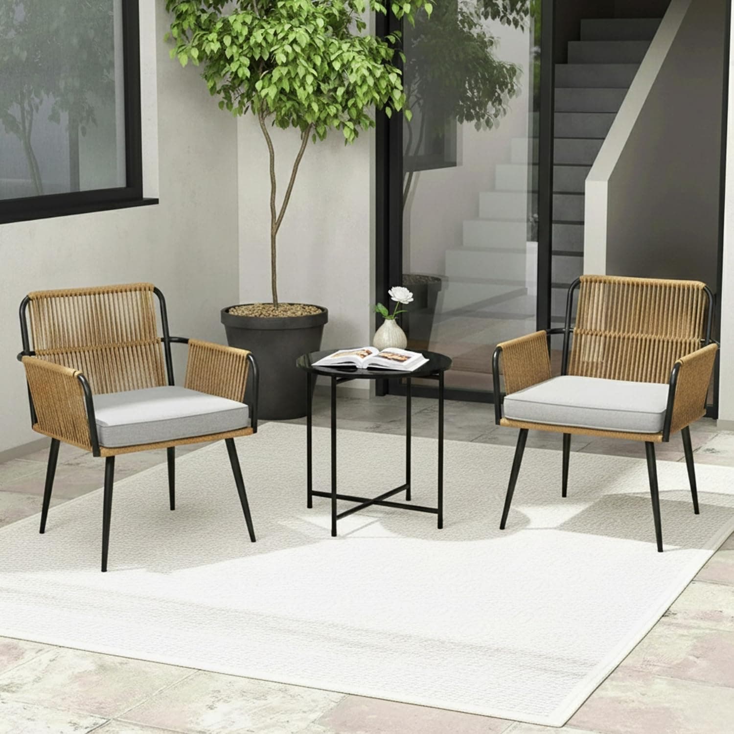 DEVOKO Outdoor Rope Patio 3 Piece Chair Table Bistro Set with All Weather Cushioned Furniture for Garden, Pool, Lawn, Deck, Porch (Beige & Grey)