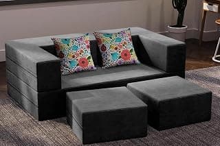 Rosebell | 5x6 Feet C-Type Sofa Cum Bed | Jute Fabric with Washable Cover | Foldable Sofa Two Seater with Pouffe for Living Room & Office | Grey