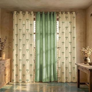 Urban Space 100% Cotton Curtains for Door, Combo Set of 3 Curtains 7 feet Long, 60-65% Room Darkening Curtain, Tieback & Eyelets Included with Curtains for Home Decor (Palm Lagoon Green, 7 Feet)