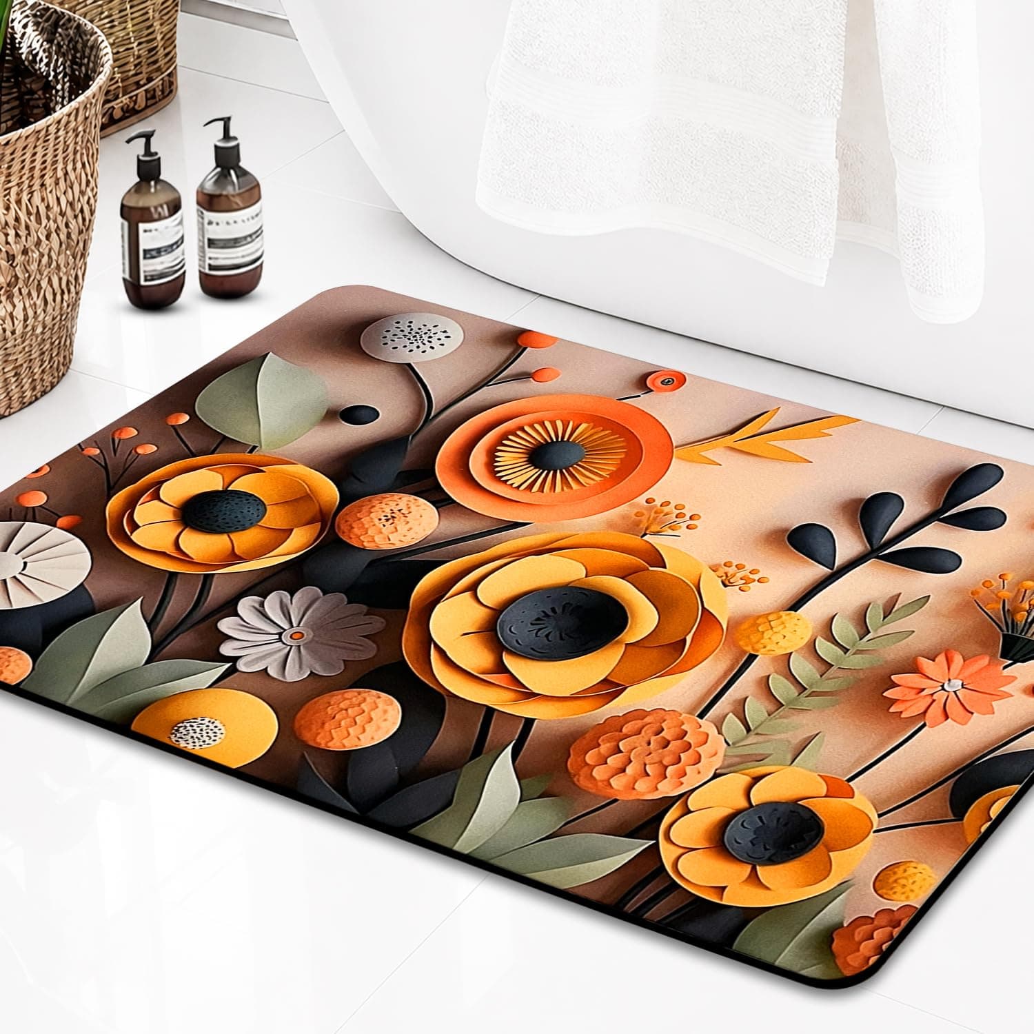 CANWAY Rubber 1 Piece Anti-Skid Water Soaking 3D Yellow Flower Print Bathroom Mat, Water Absorbent Mat (40x60cm) (Yellow Flower Print) Rectangular
