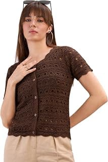 sassafras Women's Brown Round Neck Crochet Top-M