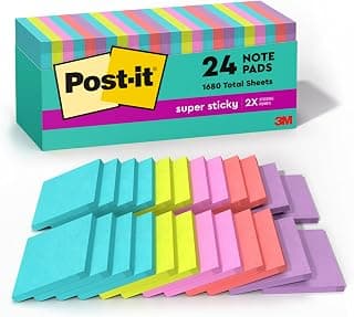 Post-It Super Sticky Notes, 3" x 3", Miami Collection, 24 Pads per Pack, 70 Sheets per Pad (654-24SSMIA-CP) | School Supplies and Oﬃce Supplies, 2X the Sticking Power