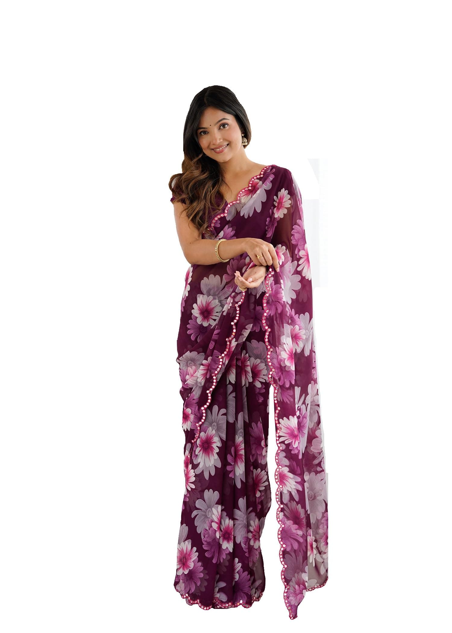 RAJESHWAR FASHION WITH RF Women's Scalloped Border | Georgette Saree | Scalloping Border Mirror Work Embroidery Saree With Unstitched Blouse Piece