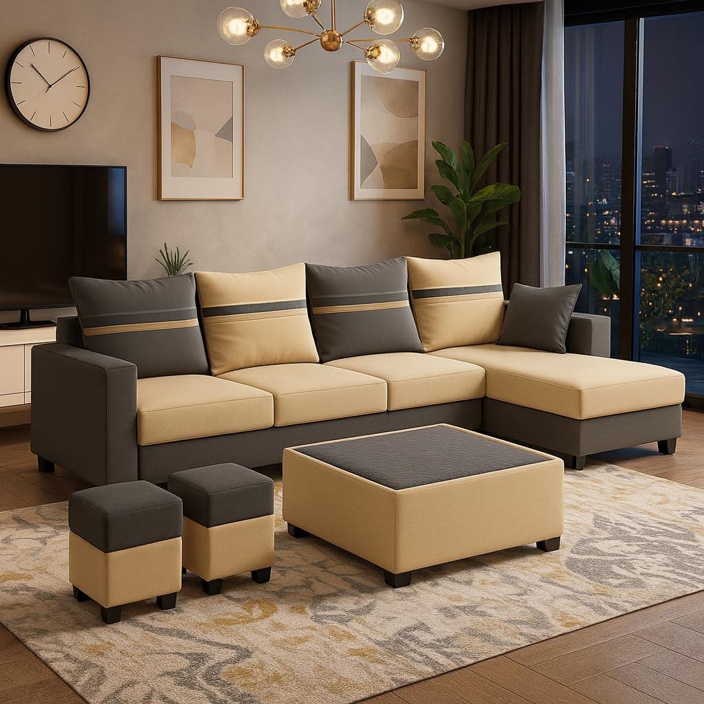CASASTYLE Wallis 8 Seater Fabric RHS L Shape Sofa Set with 1 Centre Table & 2 Puffy (Cream- Dark Grey) Velvet Finish | Comfortable Sectional Sofa for Living Room
