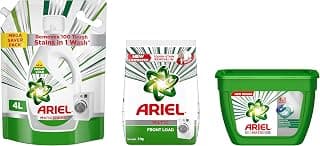 Ariel Detergent Bundle – Liquid Detergent Front Load 4L + Matic 4-in-1 PODs (18 pcs) + Matic Powder 2kg – Stain Removal, Fabric Care, Colour Brightening, Machine Safe