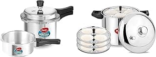 Pigeon Idly Maker 4 Plates Compatible with Induction and Gas Stove & Pigeon by Stovekraft 12708 Aluminium Pressure Cooker Combo, Outer Lid, Without Induction Base (2 litre and 3 litre, Silver)