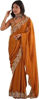 AKHILAM Women's Satin Embroidered Sequins Work Saree With Unstitched Blouse Piece (AARYAN22901_KR_Parent)