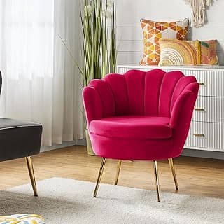 HULALA HOME Modern Velvet Accent Chair with Shell Shaped Back, Cute Living Room Bedroom Armchair Sofa Chair with Gold Legs, Comfy Upholstered Vanity Chair for Makeup Room, Fushia
