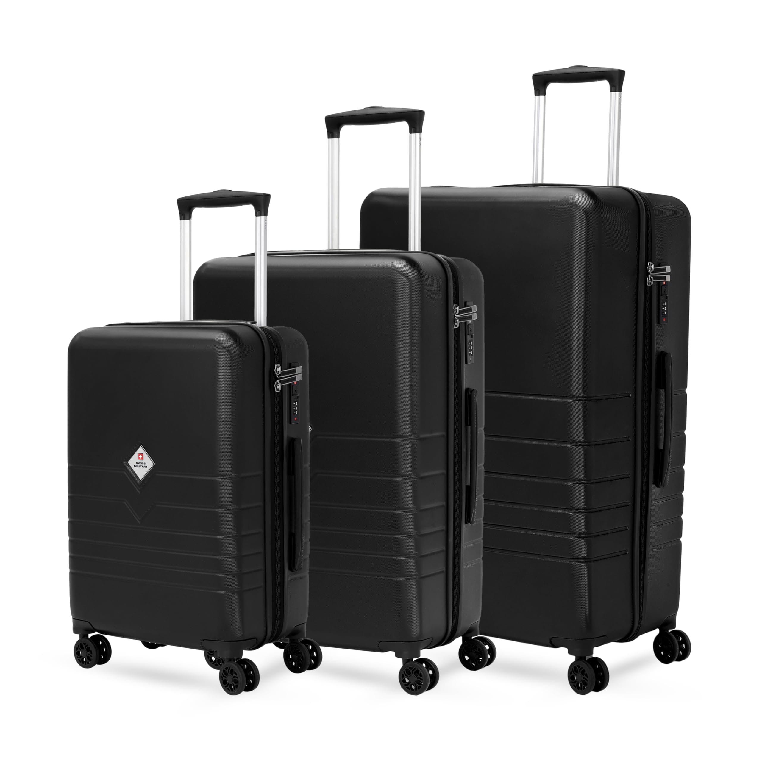 Swiss Military Arctic Elite Lightweight Hard Shell, Pack of 3 (55cm, 65cm & 75cm) Trolley Bag with Premium Zip, 360° Dual Wheels, Durable PC Spacious Luggage Suitcase for Travel Black- (44L+ 74L+106L)