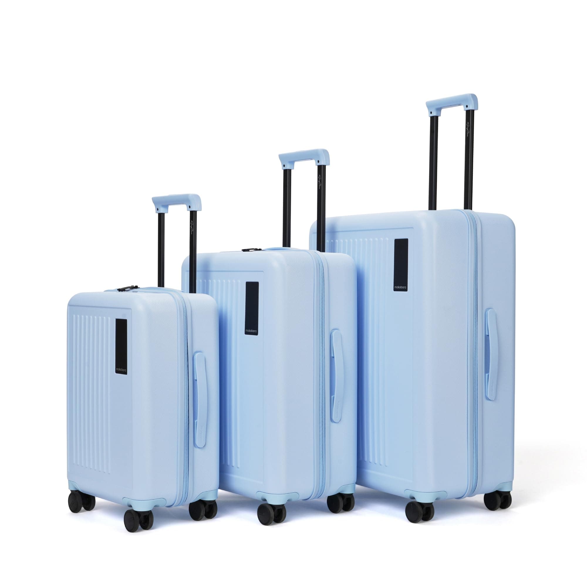 MOKOBARA Transit Set of 3 Luggage Trolley Bag,Cabin(40L)+Check-in(65L)+Check-in Large(100L),Lightweight Polycarbonate Hardshell,360°Silent Wheels,Premium Zipper,for 30+ Days Travel,Blue(Shy Blue)
