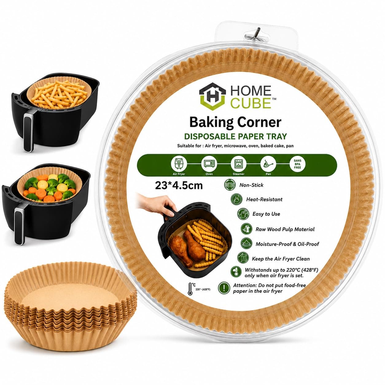 HOME CUBE 100 Pcs Air Fryer Paper Liner, Disposable Paper Liner for Microwave, Oil-Proof Air Fryer Parchment Paper for Frying, Baking, Cooking, Roasting and Microwave (Round)