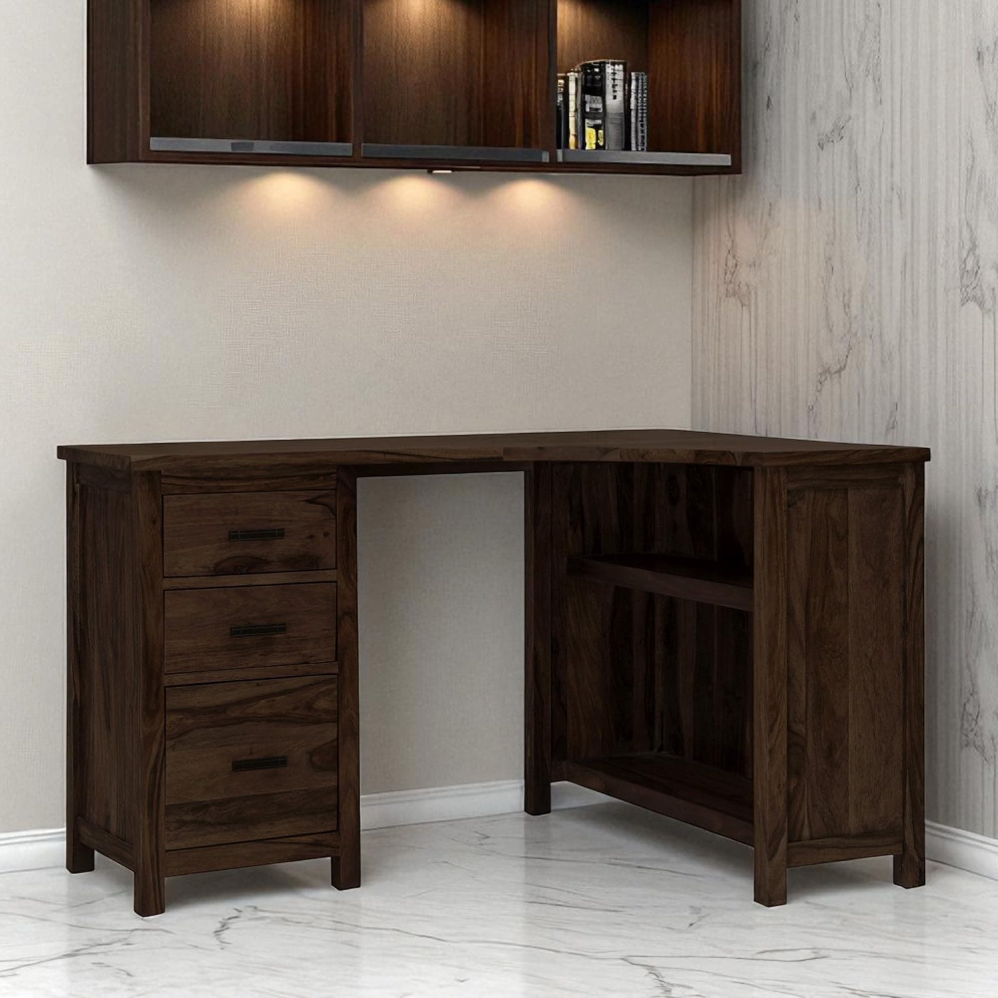 The Attic Illinoi Study Table Walnut, Computer Table, Study Table for Students, Office Table, Computer Table for Home, Solid Sheesham Wood Right Corner Study Table, Walnut Matte Finish