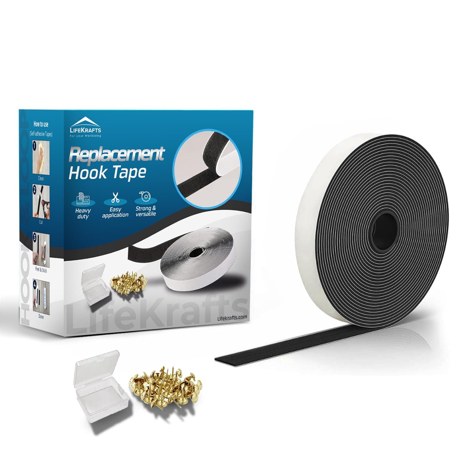 Lifekrafts Self Adhesive Nylon Hook Tape Roll with Thumbnails (Without Loop Tape) | Door & Window Net Replacement Tape | Black | 20mm Width x 12M (39.3ft) Length | Strong Grip Peel & Stick Fastener