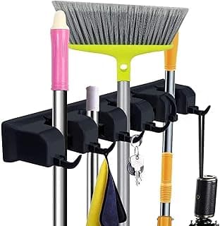 Zollyss Mop and Broom Holder Wall Mount, Heavy Duty Broom Stick Holder Wall Mounted, Mop Hanger Wall Mounted Organizer for Home Kitchen Bathroom Garden Garage Storage (5 Positions with 6 Hooks, Black)