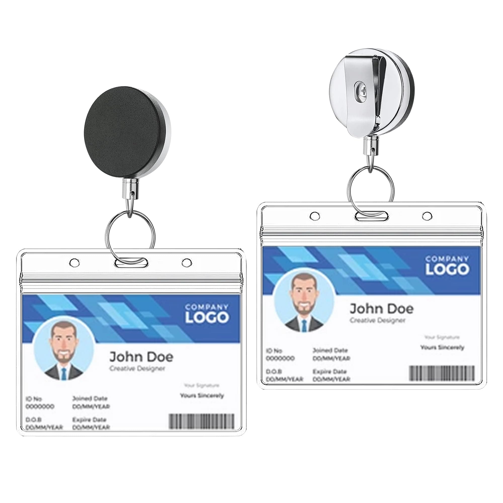 GLUN® Pack of 2 Metal Badge Id Card Holders with Horizontal Silicon Card Holder for Office Employee and Staff Retractable YOYO Badge Reel Steel and Black Lanyard for Id Cards