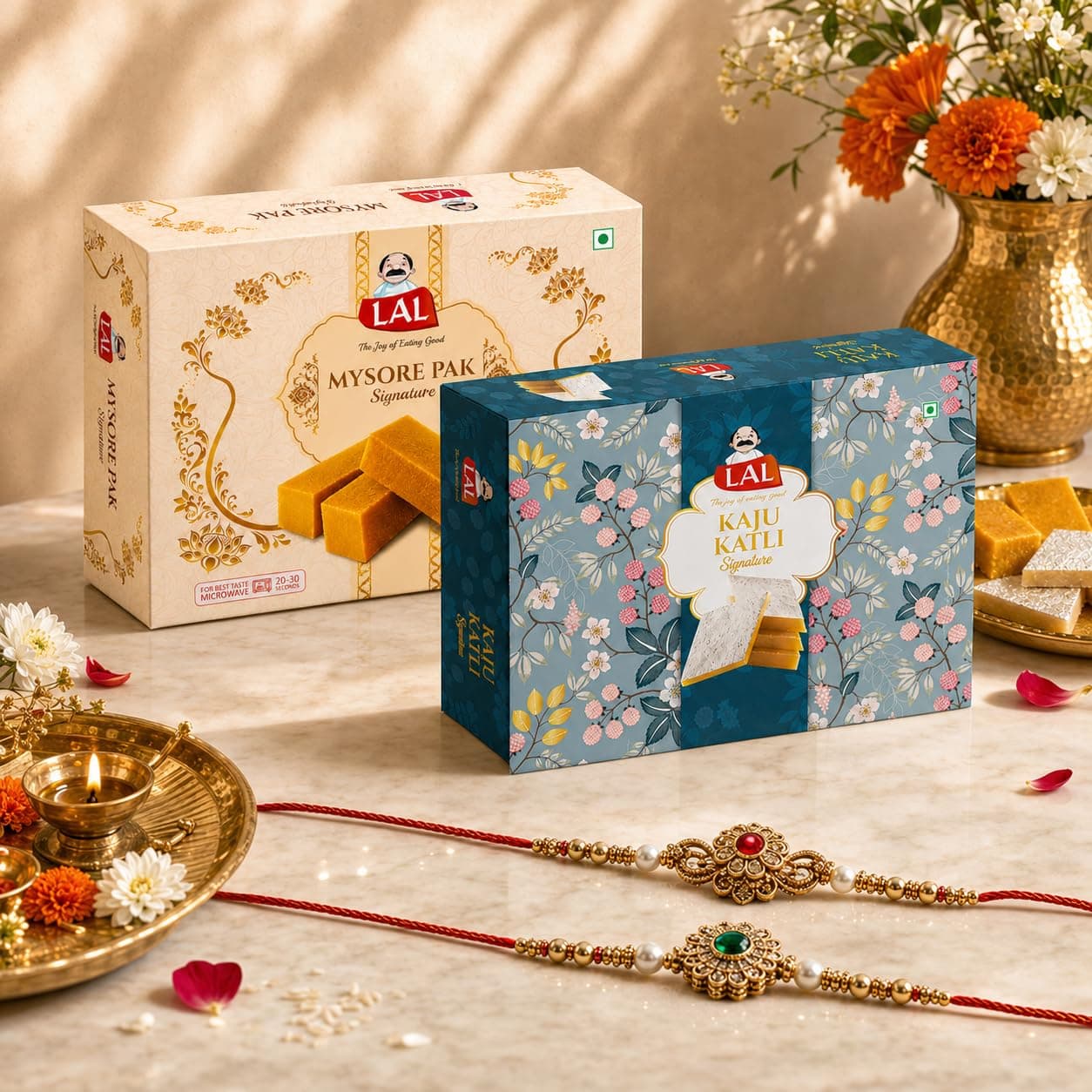 Lal Sweets Mysore Pak & Kaju Katli Combo (400g x 2) Each Combo Includes 2 Rakhi | Sweet with Rakhi Gift Pack | Premium Indian Mithai Box | Made With Ghee Sweets for Festivals & Gifting | Sweet Box 800g