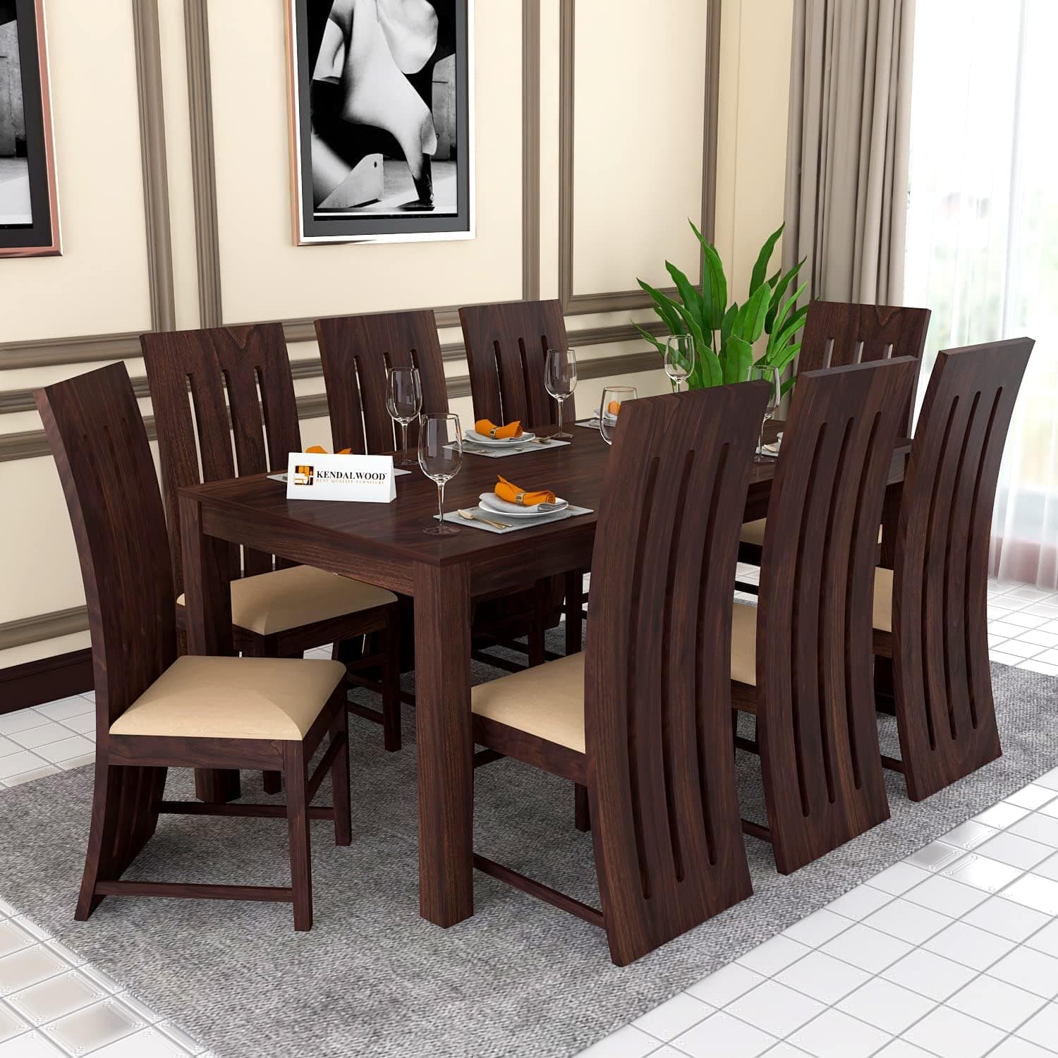KENDALWOOD™ Furniture Solid (Sheesham) Wood Dining Table with 8 Chairs | 1 Year Warranty | 8 Seater Dining Set | Walnut Finish with Cream Cushions -DIY(Do-It-Yourself)