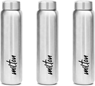 MILTON Aqua 1000 Stainless Steel Water Bottle 920 ml, Set of 3, Single Walled, ISI Certified I Leak Proof Lid, Rust Proof I For School, Office, Gym I Silver