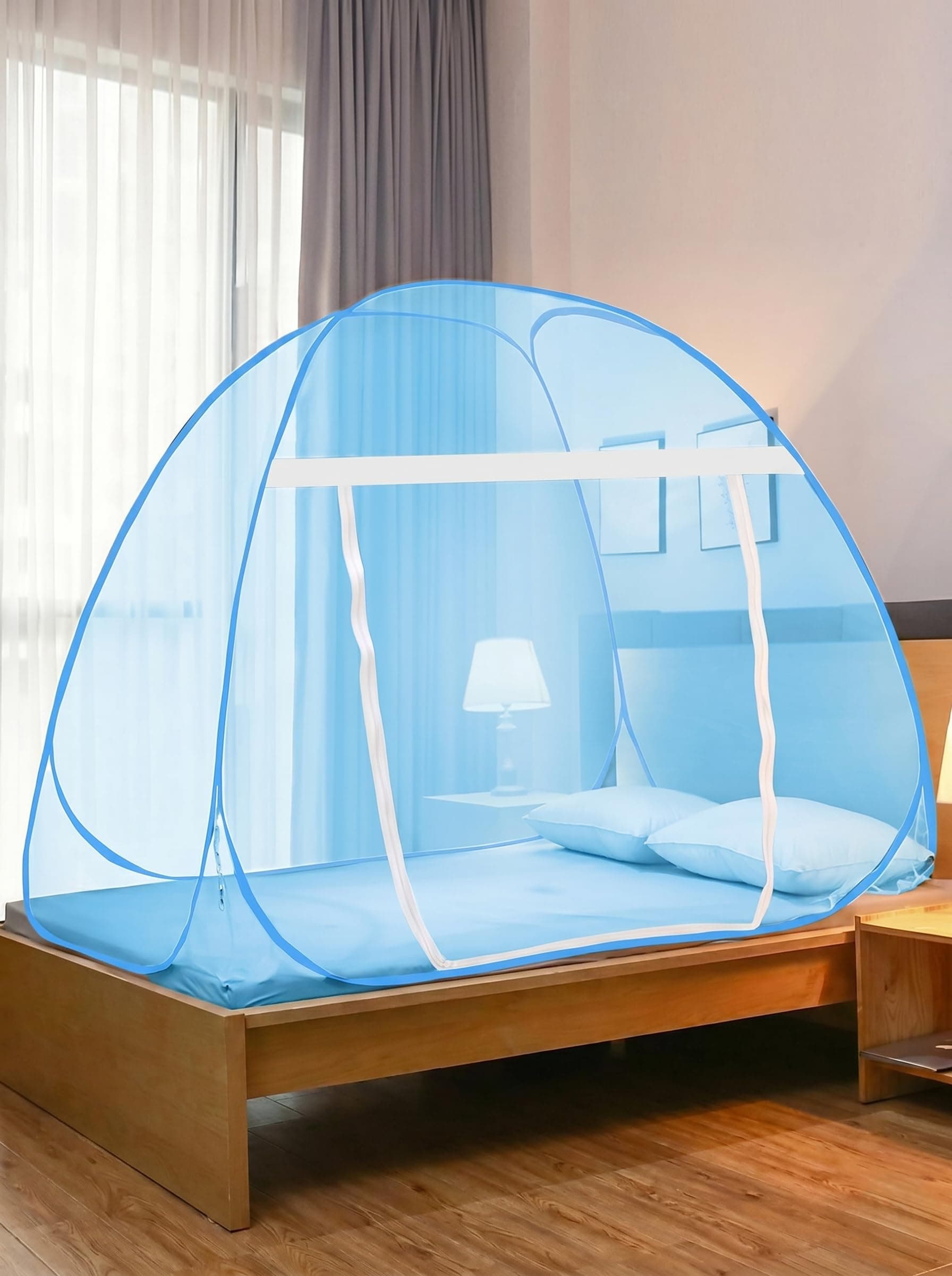 Foldable King Size Mosquito Net | Double Bed Machardani | Durable 30 GSM Polyester Fabric Net Double (6 x 6) feet Bed (Blue)