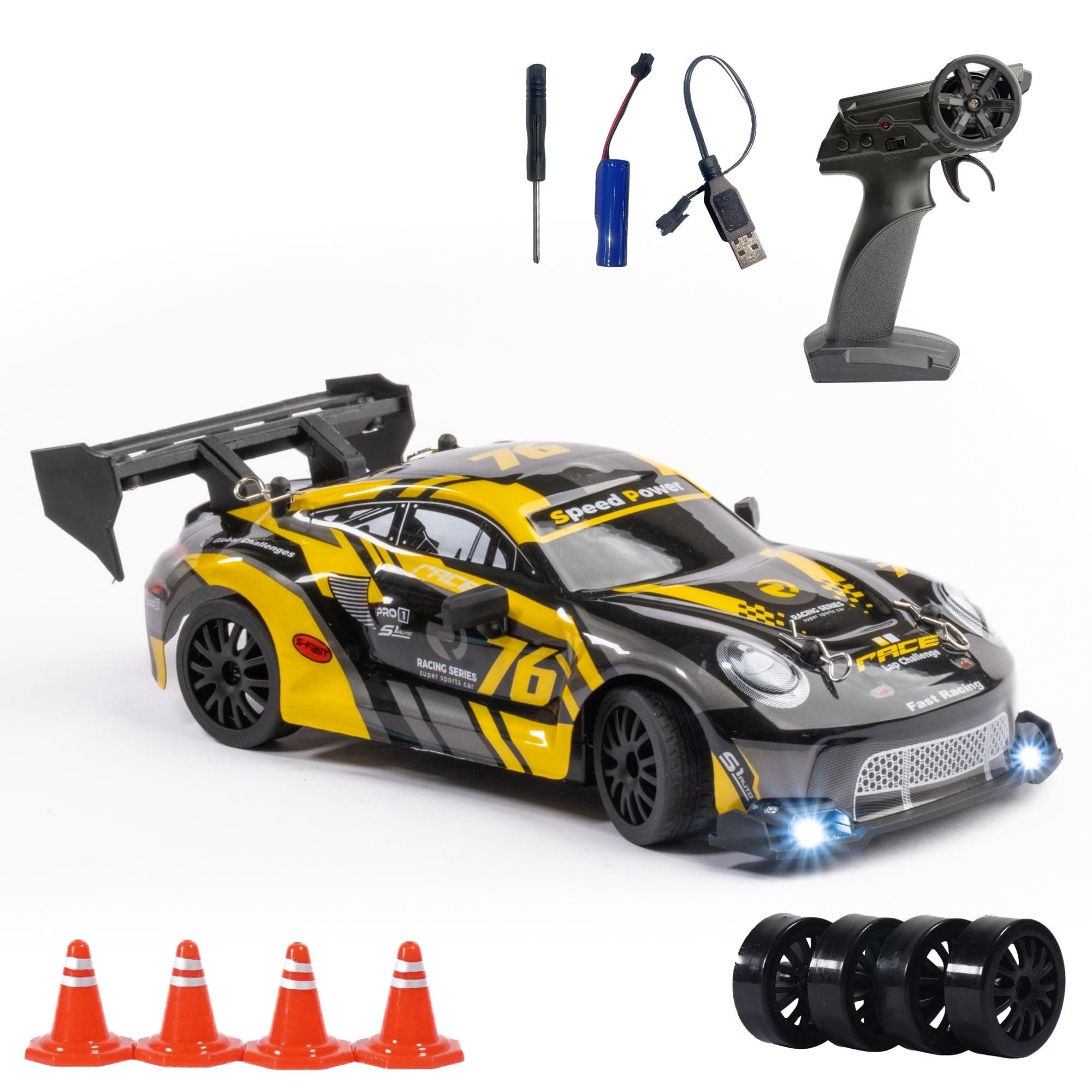 L.O.T Toys Ghost Rc Drifting Car | 20Kmph, 2.4Ghz | Rc Car 4x4, Remote Control Car, Drift Car Remote Control, Birthday Gift, Flexible PVC Shell, Long Range, Multi LED Lights (Burnout Yellow)