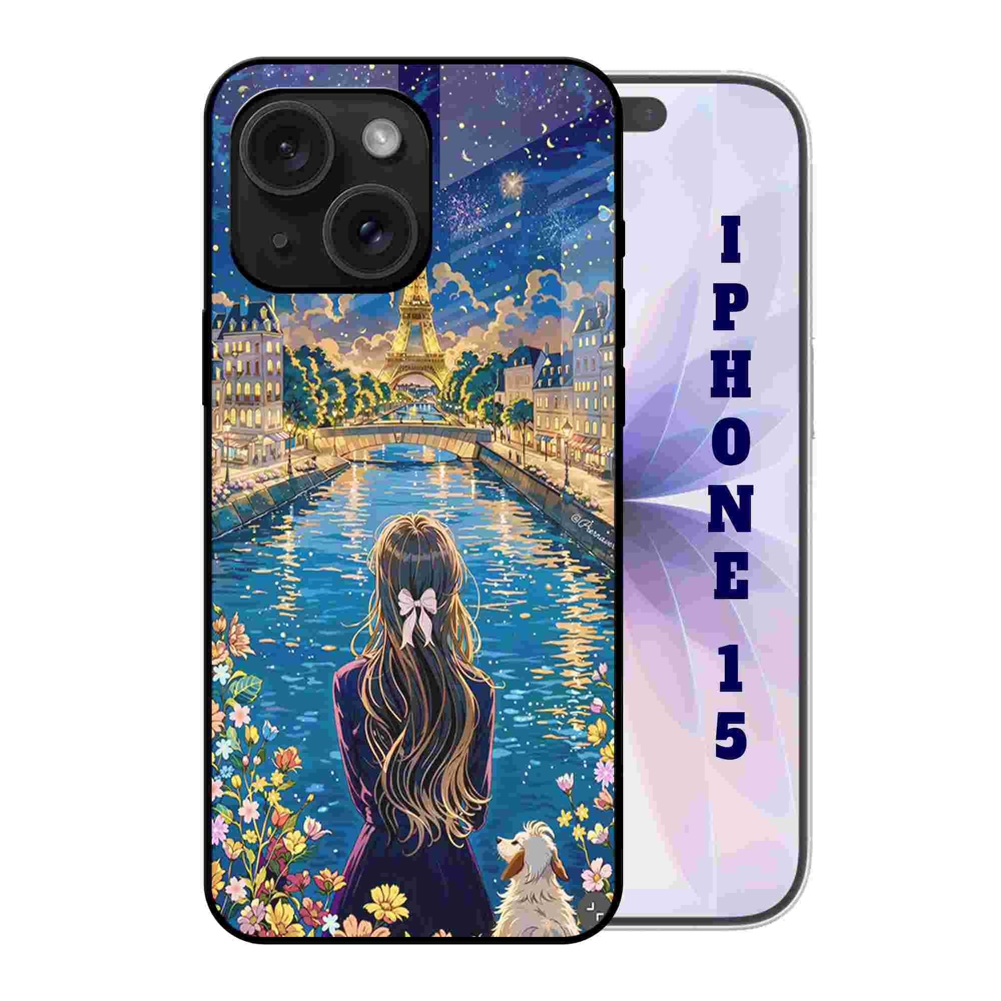 Abaci® Back Case Cover for iPhone 15 | Stylish Flower Girl | Printed Glass, Glossy Slim Lightweight, Wireless Charging, Drop Protection