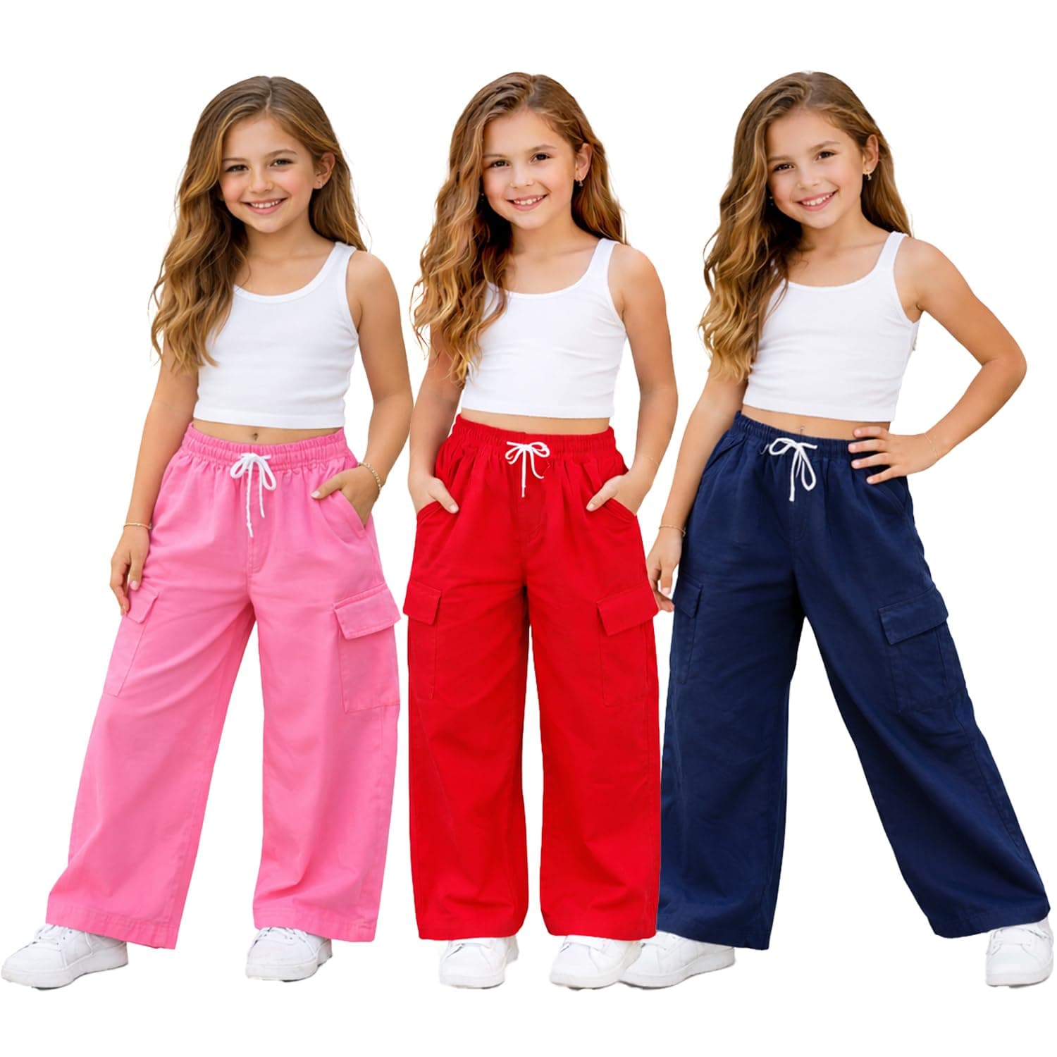 T2F Girls Cotton Baggy Fit Cargo Pants (Pack of 3)